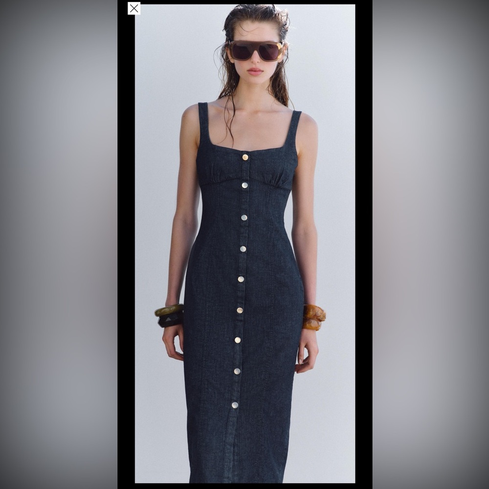 Zara Black Denim Midi Dress with Button Detail